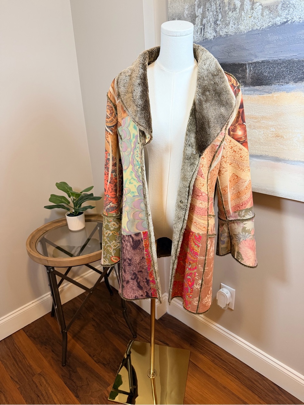 Lapis Multicolor Patchwork Teddy-Lined Open Front Coat